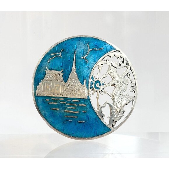 Mekkala Goddess Blue Enamel Siam Sterling Silver 925 Cutout Vintage Brooch - Picture 1 of 9